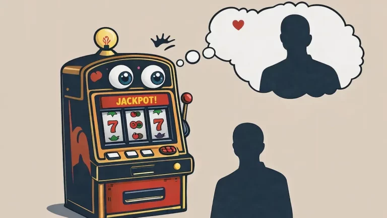 Cartoon-style illustration of a slot machine with eyes “recognizing” a person, shown as a shadowy silhouette, with a single thought bubble containing the same silhouette—symbolizing the idea of slot machines remembering players.