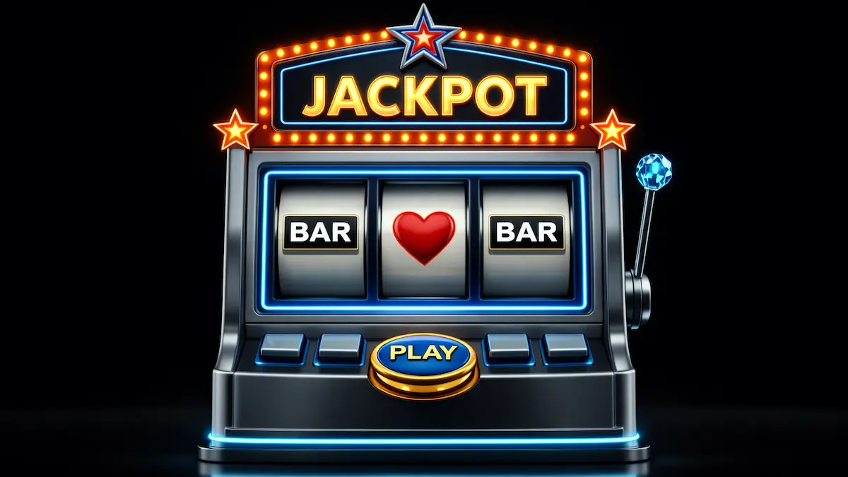 Front-facing slot machine with BAR–heart–BAR reels and neon “JACKPOT” sign on a dark background.