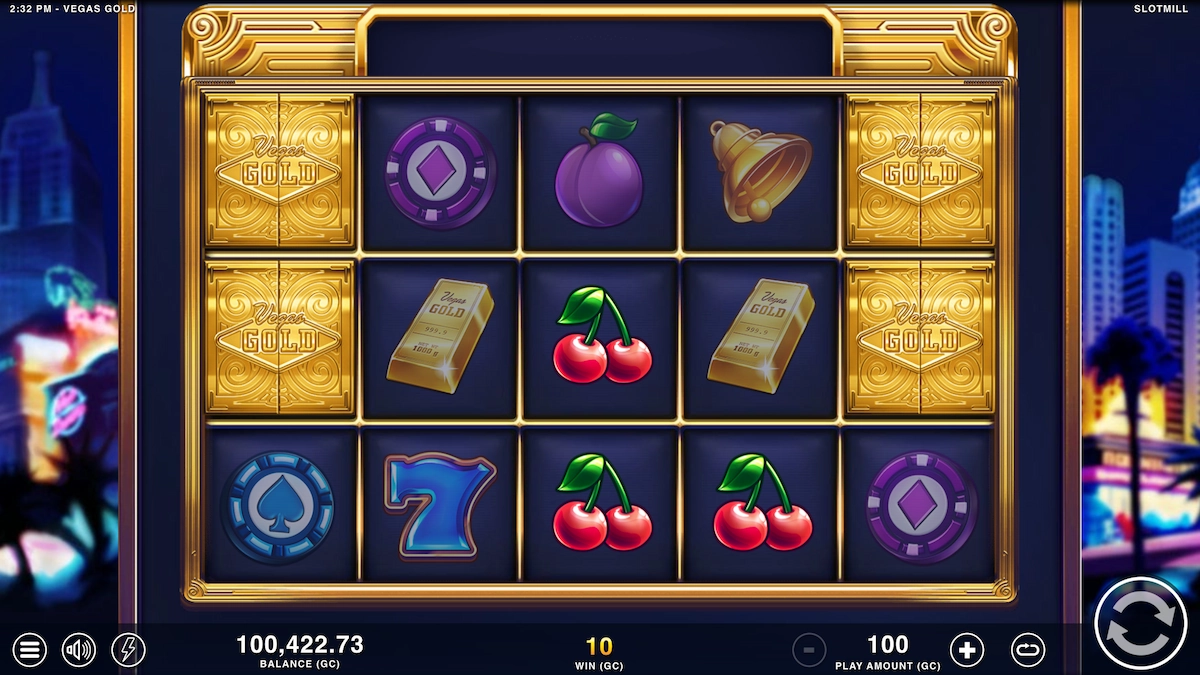 Vegas Gold Slot Game for the Best Vegas Slots at McLuck social casino. Featuring classic slot symbols like cherries, sevens, and casino chips.