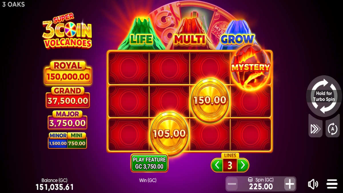 3 Super Coin Volcanoes with 4 reels and 3 collect features