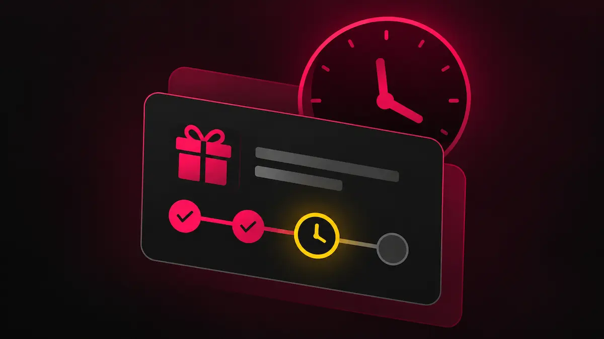 Prize redemption progress tracker showing a pending review with a clock icon