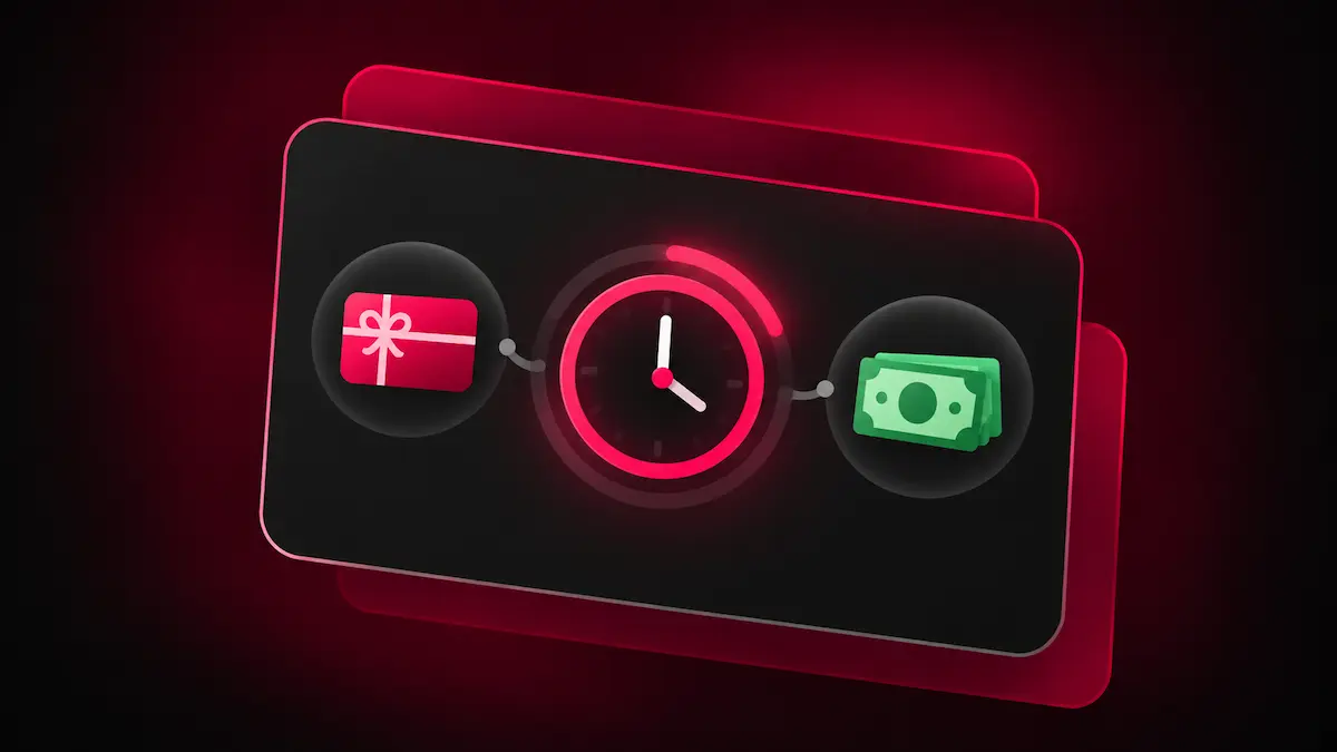 Gift card and cash prize icons connected to a clock representing McLuck redemption processing times.