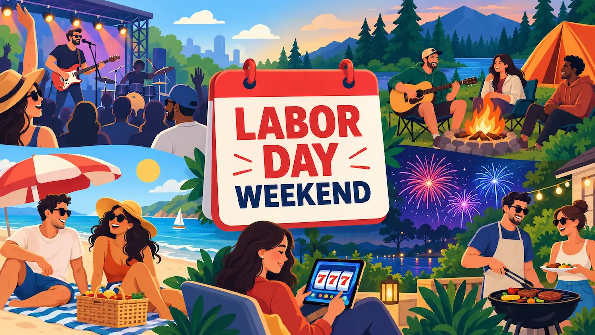 Labor Day weekend activities including live music, camping, a beach picnic, fireworks, a barbecue and social casino games.