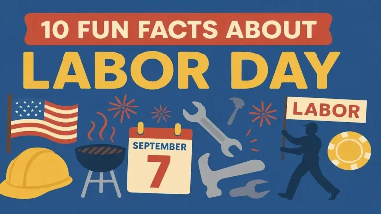 Illustration of 10 fun facts about Labor Day in the USA, featuring a September 7 calendar, American flag and worker symbols.